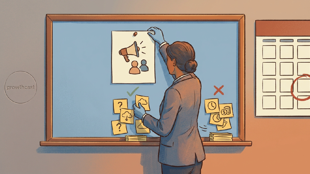 A leader pins a hiring-plan card atop a whiteboard and sorts assumption notes into keep and set-aside piles beneath a twelve-month calendar.