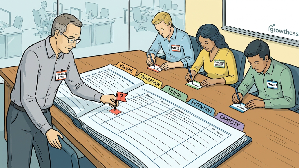 Colleagues place name tags beside rows of a paper ledger sorted into five category folders, while one unclaimed row gets a red flag sticker.