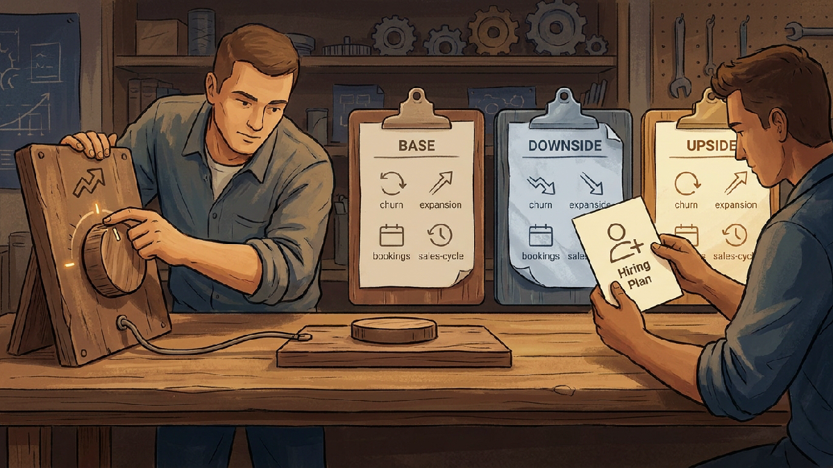Two analysts compare base, downside, and upside clipboards while turning one dial to test how a small churn change affects a hiring-plan card.