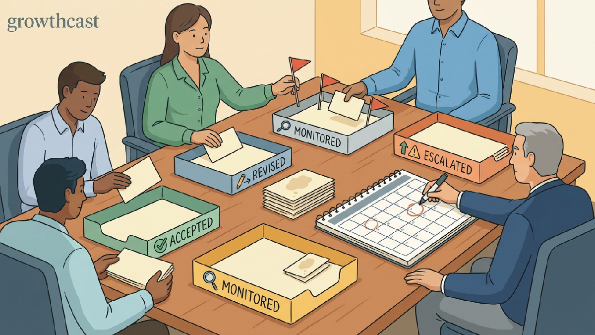 A team sorts assumption cards into accepted, revised, monitored, and escalated trays, plants a trigger flag, and circles the next monthly review date.
